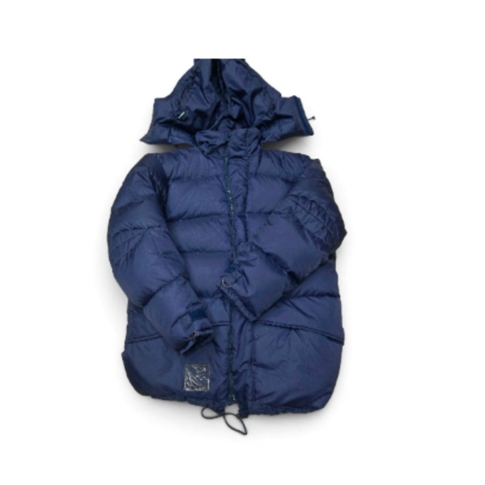 Save The Planet Vintage Puffer Jacket Navy Blue Hooded Quilted Winter Coat Small